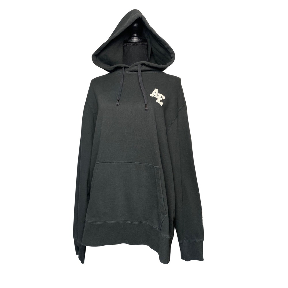 American Eagle Mens Large Black Graphic Pullover Hoodie AE Logo Sleeve Spellout